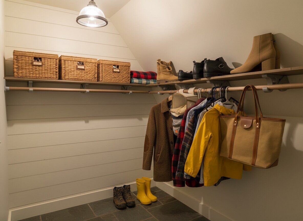 Coats and bags on hooks below a shelf of baskets in a farmhouse mudroom