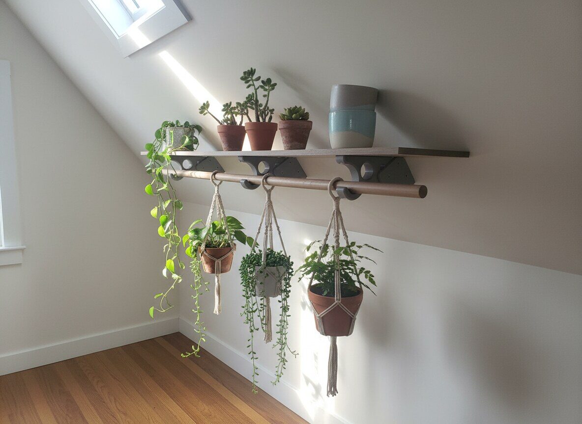 Trailing plants hanging from a rod under a shelf on a sloped attic wall