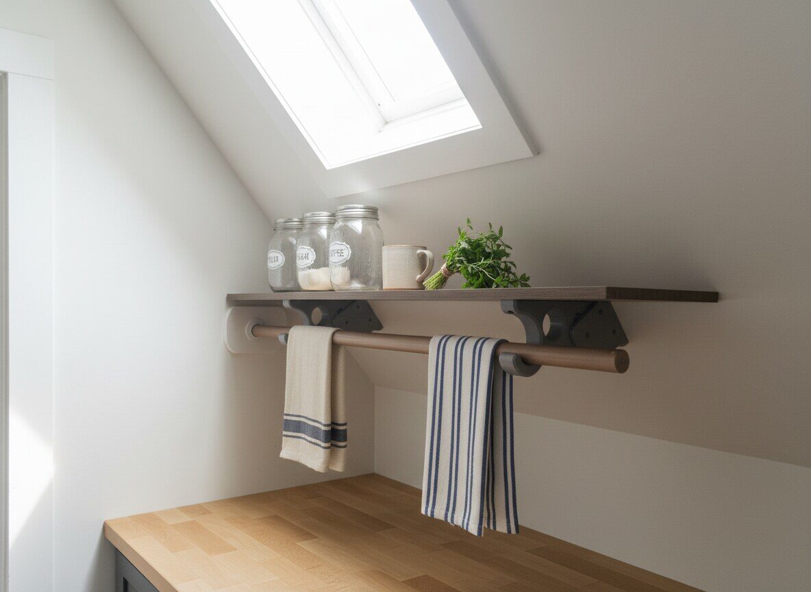Kitchen towels hanging from a rod beneath a wooden shelf on an angled wall